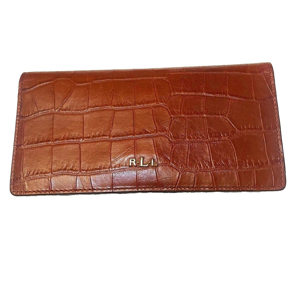 Lauren Ralph Lauren Croc Embossed Leather Slim Wallet Brown Bi-Fold Continental